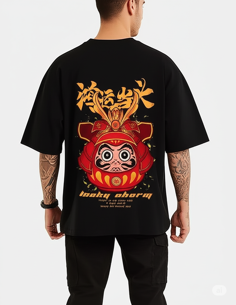 Lucky Charm Oversized T-Shirt – Japanese Daruma Samurai Streetwear Tee