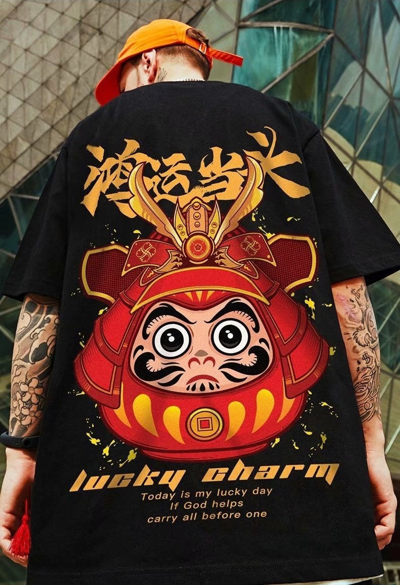 Lucky Charm Oversized T-Shirt – Japanese Daruma Samurai Streetwear Tee