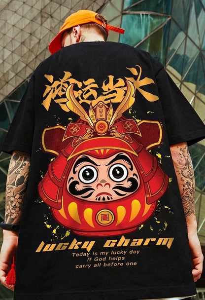 Lucky Charm Oversized T-Shirt – Japanese Daruma Samurai Streetwear Tee