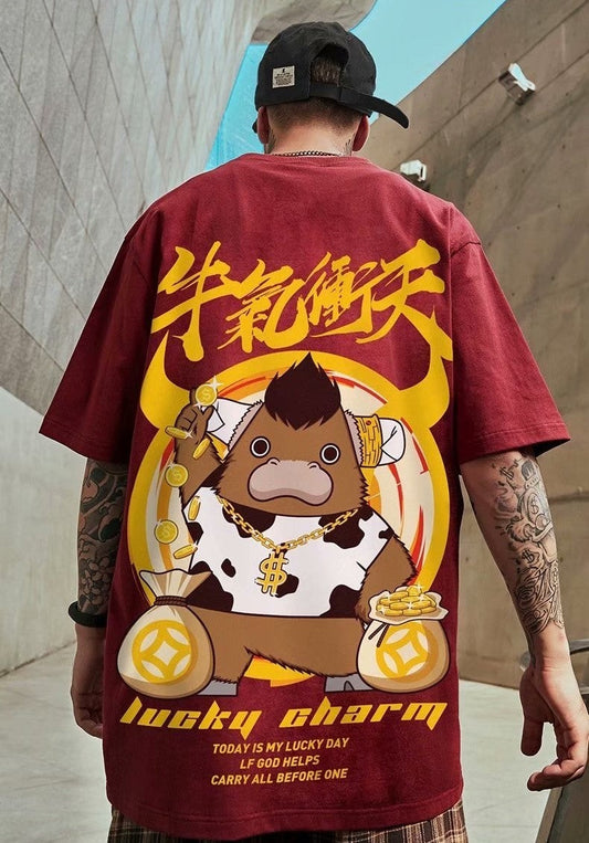 Lucky Charm Oversized Graphic T-Shirt – Bold Anime Streetwear Tee for Gen Z